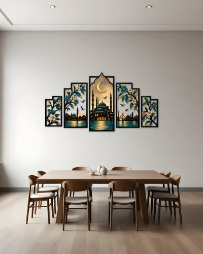 Cami ve Hilal Desenli 5 Parça Metal Tablo – duvarda görünüm