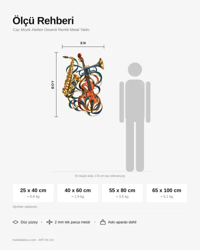 Caz Müzik Aletleri Desenli Renkli Metal Tablo – ölçü rehberi