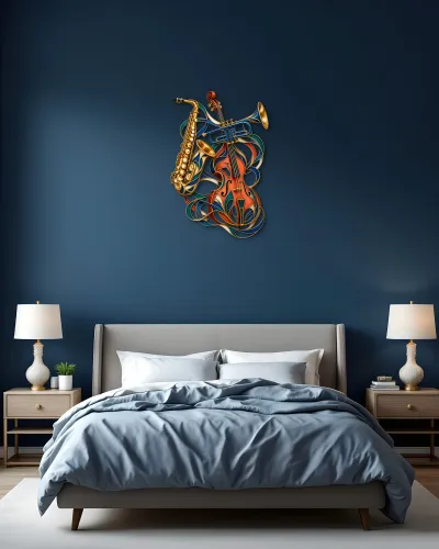 Caz Müzik Aletleri Desenli Renkli Metal Tablo – yatak odası duvarında
