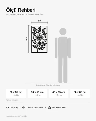 Çerçeveli Çiçek ve Yaprak Desenli Metal Tablo – ölçü rehberi