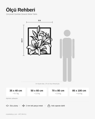 Çerçeveli Zambak Desenli Metal Tablo – ölçü rehberi