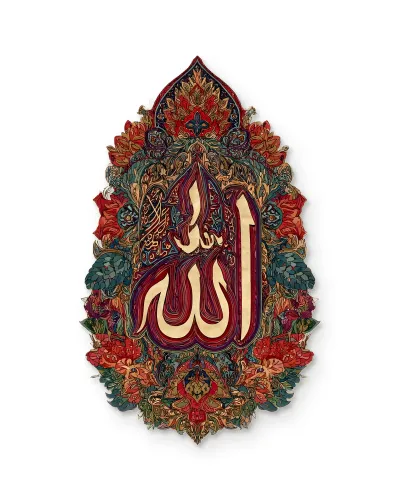 Çiçek Desenli Allah Yazılı Metal Tablo – beyaz zemin