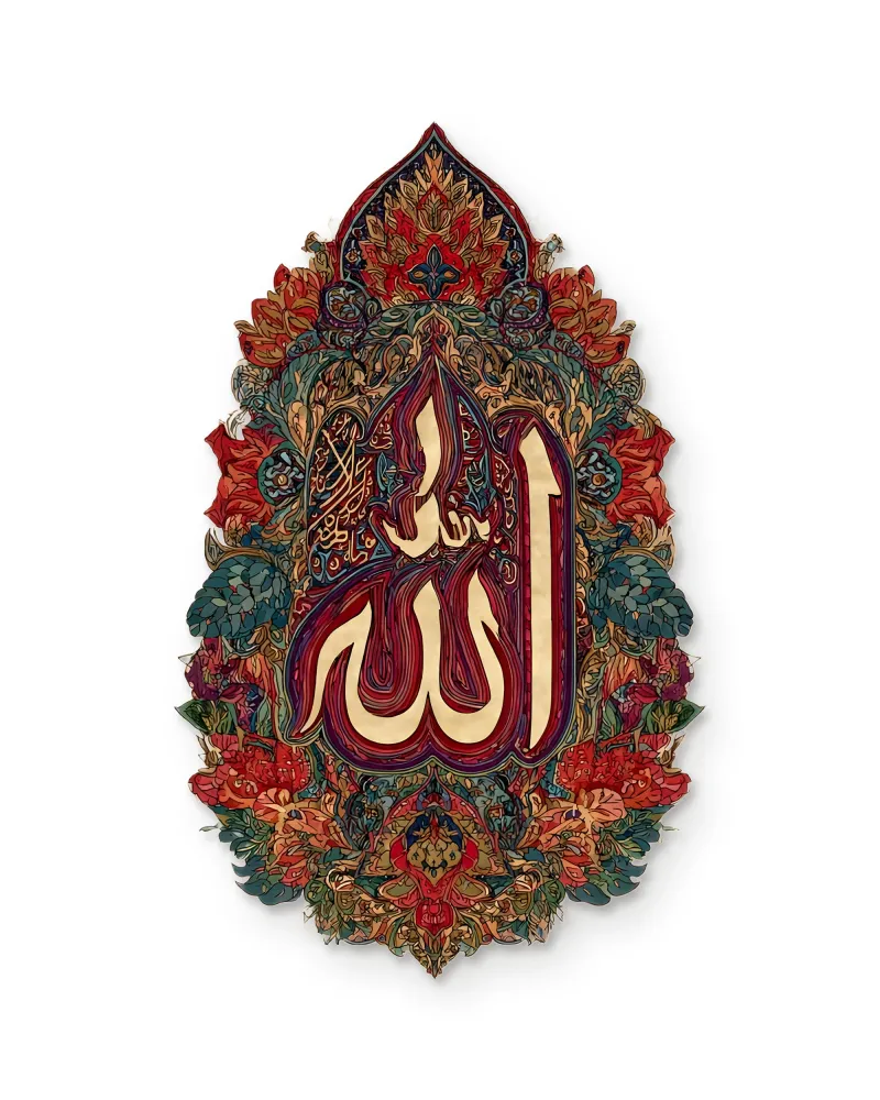 Çiçek Desenli Allah Yazılı Metal Tablo – beyaz zemin
