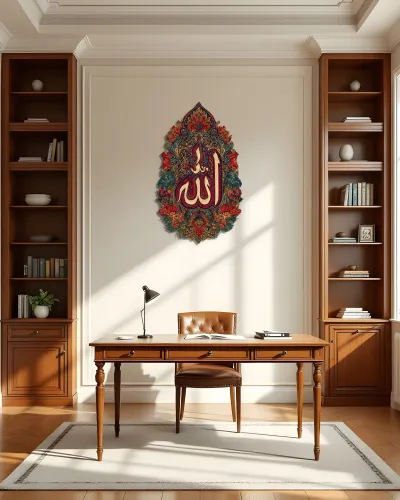 Çiçek Desenli Allah Yazılı Metal Tablo – ofis duvarında
