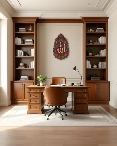Çiçek Desenli Allah Yazılı Metal Tablo – ofis duvarında