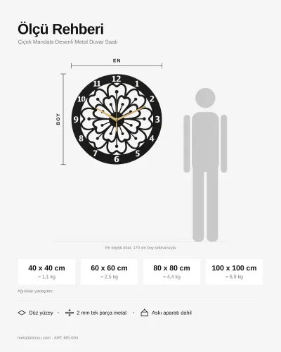 Çiçek Mandala Desenli Metal Duvar Saati – ölçü rehberi