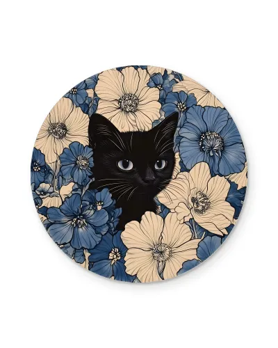 Çiçekler Arasında Siyah Kedi Metal Tablo – beyaz zemin