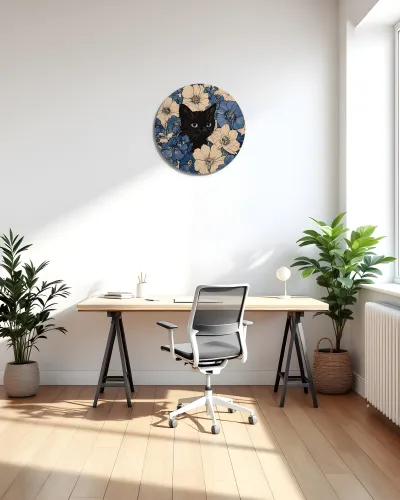 Çiçekler Arasında Siyah Kedi Metal Tablo – ofis duvarında