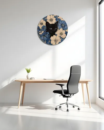 Çiçekler Arasında Siyah Kedi Metal Tablo – ofis duvarında