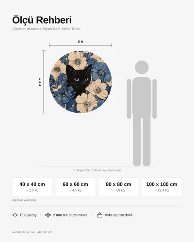 Çiçekler Arasında Siyah Kedi Metal Tablo – ölçü rehberi
