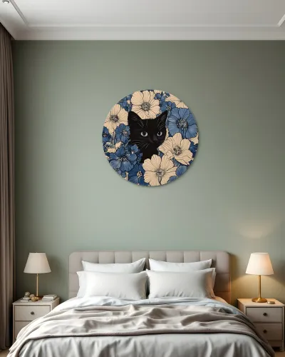 Çiçekler Arasında Siyah Kedi Metal Tablo – yatak odası duvarında