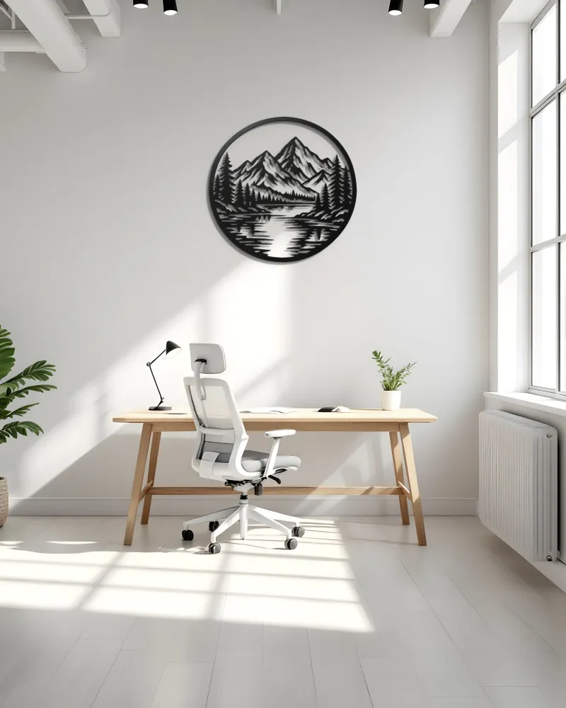 Dağ ve Göl Manzaralı Yuvarlak Metal Tablo – ofis duvarında