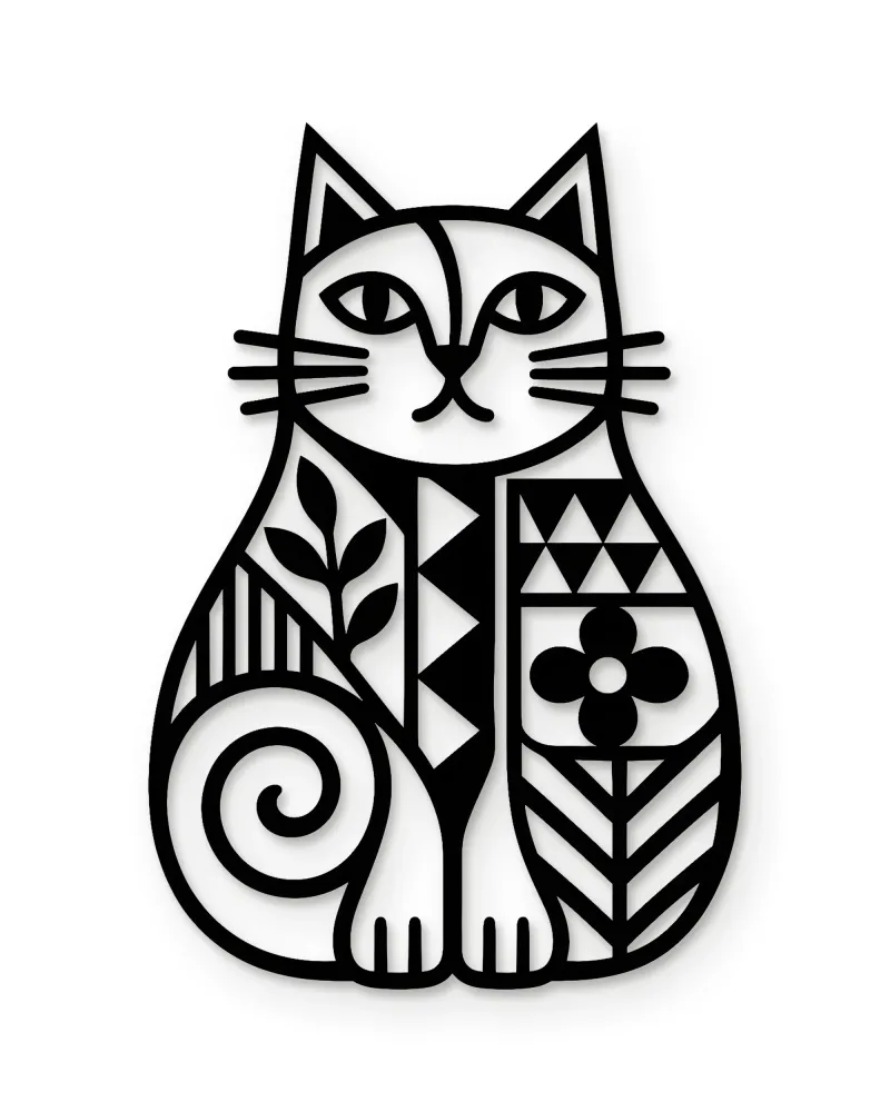Desenli Kedi Figürlü Silüet Metal Tablo – beyaz zemin