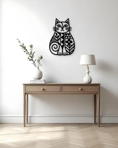 Desenli Kedi Figürlü Silüet Metal Tablo – konsol üzerindeki duvarda