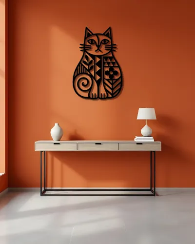 Desenli Kedi Figürlü Silüet Metal Tablo – duvarda görünüm