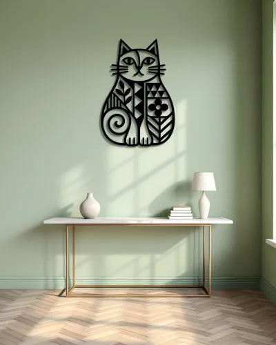 Desenli Kedi Figürlü Silüet Metal Tablo – konsol üzerindeki duvarda