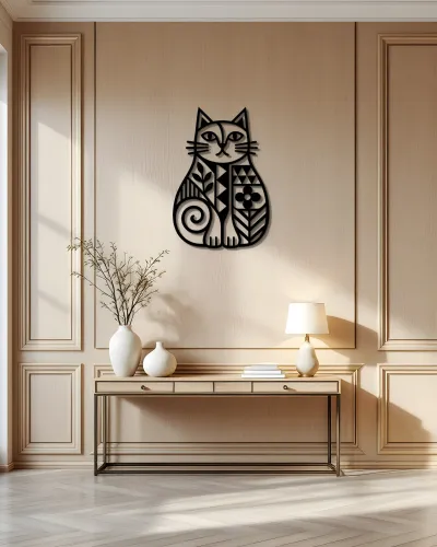 Desenli Kedi Figürlü Silüet Metal Tablo – konsol üzerindeki duvarda