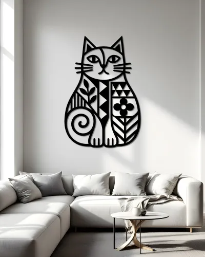 Desenli Kedi Figürlü Silüet Metal Tablo – salon duvarında