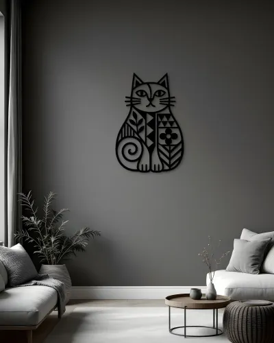 Desenli Kedi Figürlü Silüet Metal Tablo – salon duvarında
