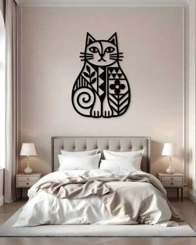Desenli Kedi Figürlü Silüet Metal Tablo – duvarda görünüm