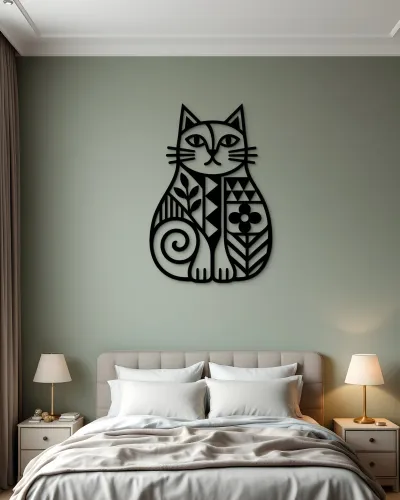Desenli Kedi Figürlü Silüet Metal Tablo – duvarda görünüm