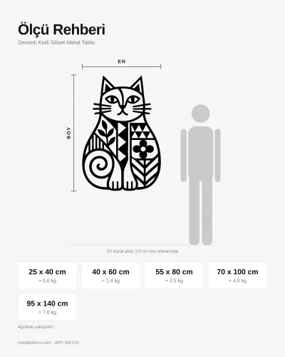 Desenli Kedi Silüeti Metal Tablo – ölçü rehberi