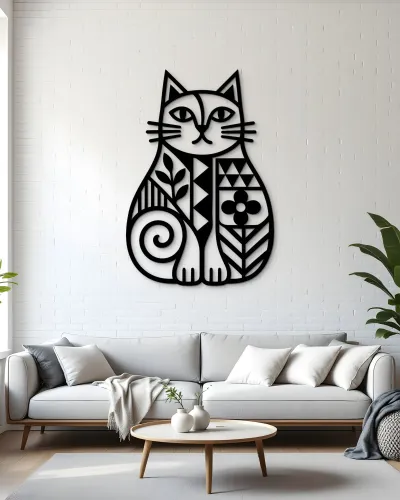 Desenli Kedi Silüeti Metal Tablo – salon duvarında