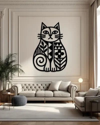 Desenli Kedi Silüeti Metal Tablo – salon duvarında