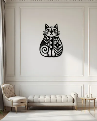 Desenli Kedi Silüeti Metal Tablo – salon duvarında