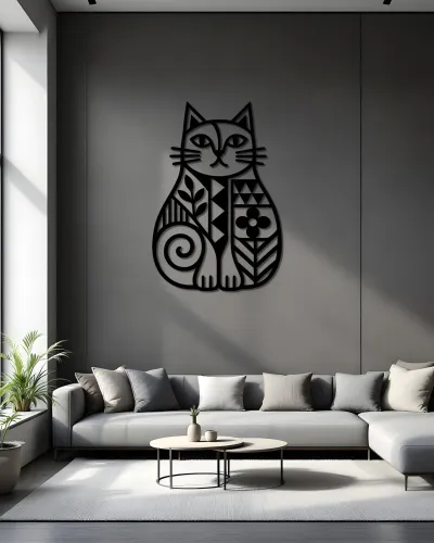 Desenli Kedi Silüeti Metal Tablo – salon duvarında