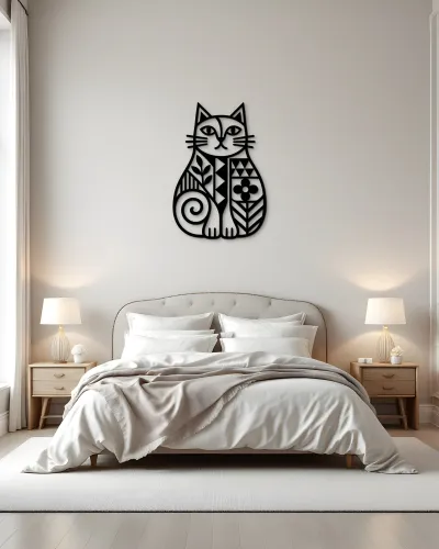 Desenli Kedi Silüeti Metal Tablo – yatak odası duvarında