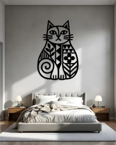 Desenli Kedi Silüeti Metal Tablo – yatak odası duvarında