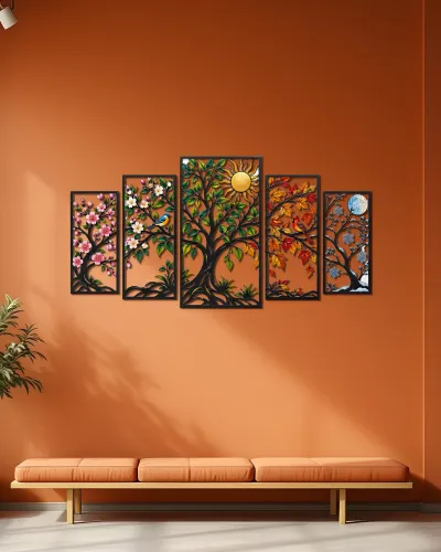 Dört Mevsim Ağacı 5 Parçalı Metal Tablo – duvarda görünüm
