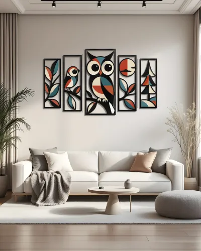 Geometrik Baykuş ve Kuş Desenli 5 Parça Metal Tablo – salon duvarında