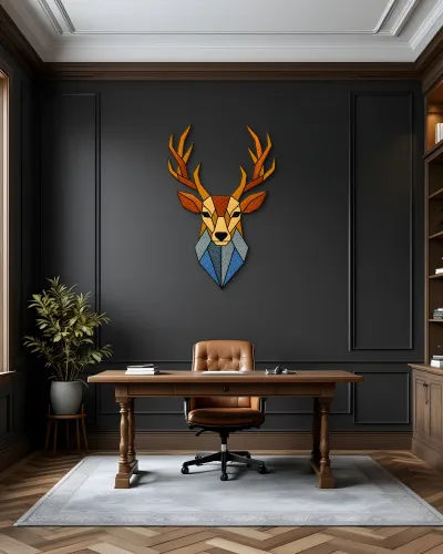 Geometrik Geyik Kafası Desenli Metal Tablo – ofis duvarında