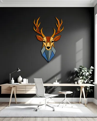 Geometrik Geyik Kafası Desenli Metal Tablo – ofis duvarında