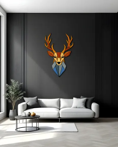 Geometrik Geyik Kafası Desenli Metal Tablo – salon duvarında