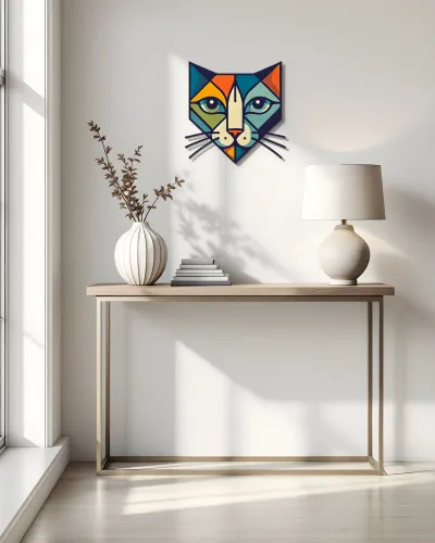 Geometrik Kedi Yüzü Renkli Metal Tablo – konsol üzerindeki duvarda