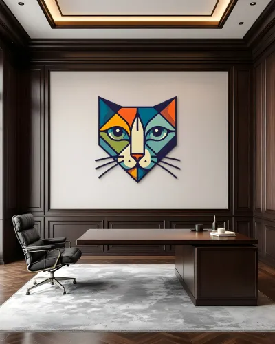 Geometrik Kedi Yüzü Renkli Metal Tablo – ofis duvarında