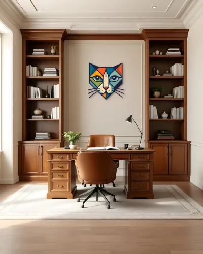 Geometrik Kedi Yüzü Renkli Metal Tablo – ofis duvarında