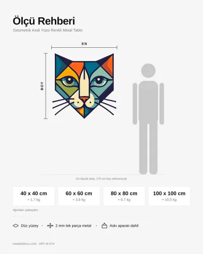 Geometrik Kedi Yüzü Renkli Metal Tablo – ölçü rehberi
