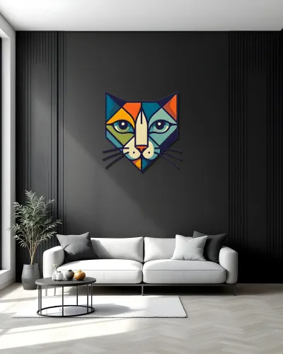 Geometrik Kedi Yüzü Renkli Metal Tablo – salon duvarında