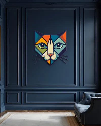 Geometrik Kedi Yüzü Renkli Metal Tablo – salon duvarında