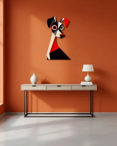 Geometrik Kırmızı Siyah Köpek Metal Tablo – konsol üzerindeki duvarda