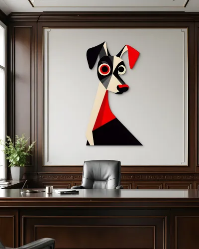 Geometrik Kırmızı Siyah Köpek Metal Tablo – ofis duvarında