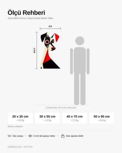 Geometrik Kırmızı Siyah Köpek Metal Tablo – ölçü rehberi