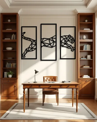 Geometrik Leopar Desenli 3 Parça Metal Tablo – ofis duvarında
