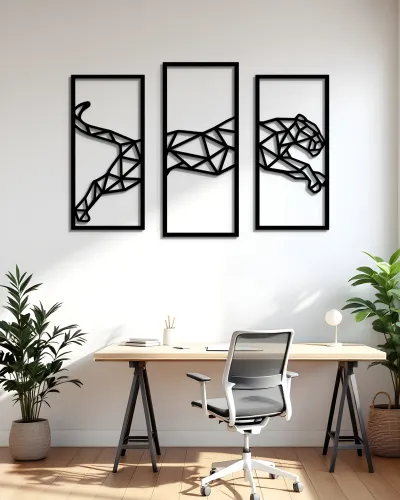 Geometrik Leopar Desenli 3 Parça Metal Tablo – ofis duvarında