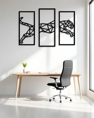 Geometrik Leopar Desenli 3 Parça Metal Tablo – ofis duvarında