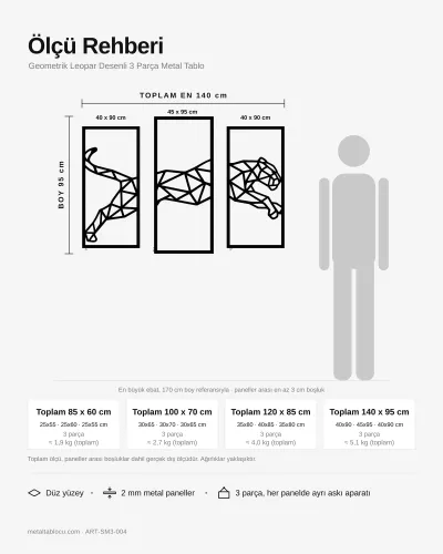 Geometrik Leopar Desenli 3 Parça Metal Tablo – ölçü rehberi